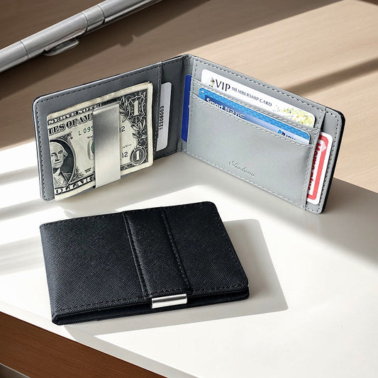 Grey Men's Slim Bifold Money Clip Wallet - Saffiano Texture PU Leather with Stainless Steel Cash Clamp - Minimalist Front Pocket Card Holder