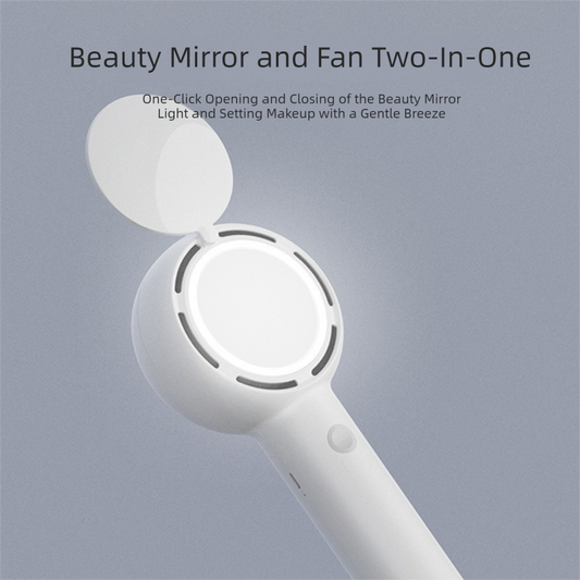 White 2-in-1 Handheld Fan with LED Makeup Mirror - Portable USB Rechargeable Beauty Light Fan with Desktop Base - 3 Speed Quiet Airflow for Travel & Summer.