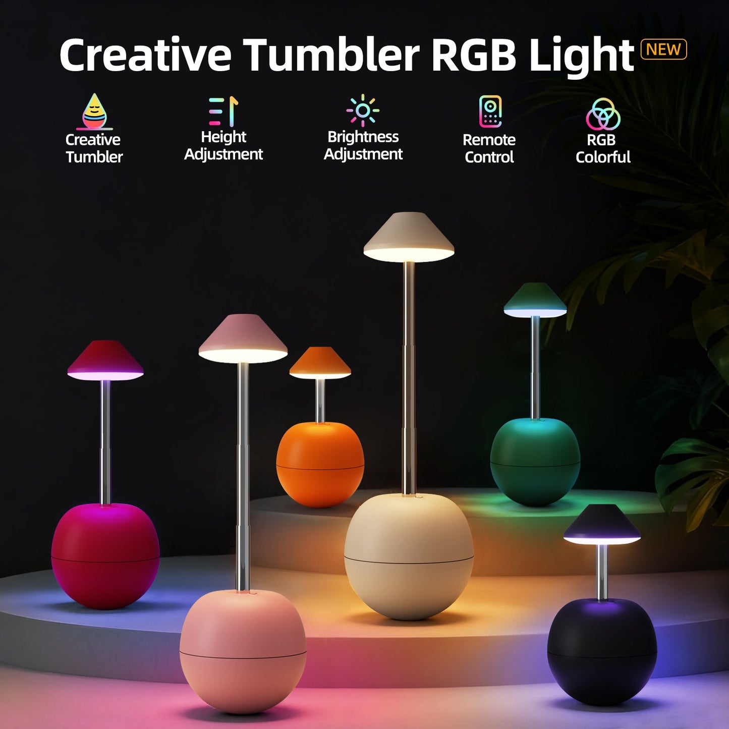 Orange Creative Tumbler LED Night Light - Rechargeable RGB Desk Lamp with Remote Control - Height Adjustable, Brightness Adjustable, Bedside Ambient Light