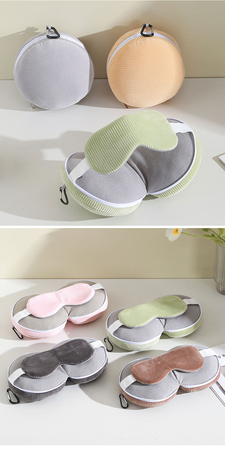 Beige and Grey 3-in-1 Foldable Sleep Eye Mask with Neck Pillow - Compact Travel Pillow for Airplane, Office Naps and Restful Sleep