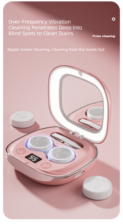 Grey Portable Sonic Wave Contact Lens Cleaner with LED Makeup Mirror - Automatic Electric Lens Cleaning Case for Daily Use.