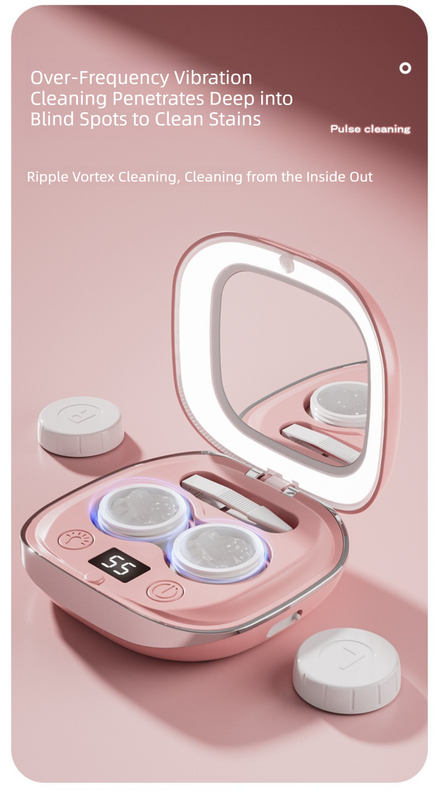 Purple Portable Sonic Wave Contact Lens Cleaner with LED Makeup Mirror - Automatic Electric Lens Cleaning Case for Daily Use.
