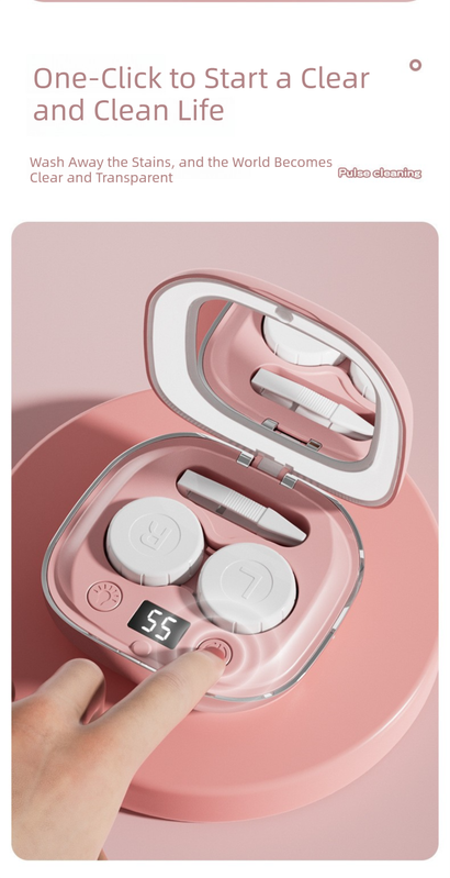 Purple Portable Sonic Wave Contact Lens Cleaner with LED Makeup Mirror - Automatic Electric Lens Cleaning Case for Daily Use.