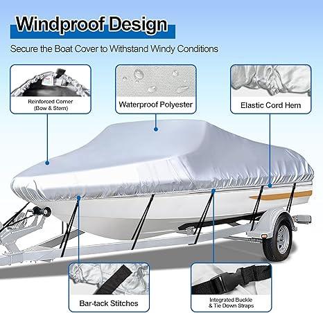 Black Heavy Duty Waterproof Tarp Covers with Storage Bag, Fits V-Hull, Fish&Ski, Pro-Style, Fishing, Runabout, Bass Boats, 11-13 feet (420cm x 270cm).