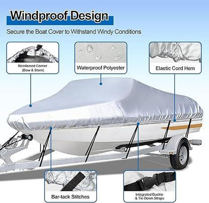 Black Heavy Duty Waterproof Tarp Covers with Storage Bag, Fits V-Hull, Fish&Ski, Pro-Style, Fishing, Runabout, Bass Boats, 17-19FT(600cm*310cm).