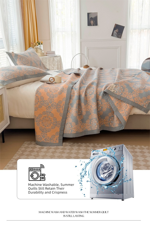 Grey and Orange Cotton Three-Layer Gauze Bed Cover Set - Reversible Vintage Printed Blanket with Two Pillowcases for Year-Round Use(150*200cm)
