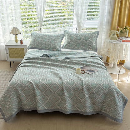 Grey and Green Cotton Three-Layer Gauze Bed Cover Set - Reversible Vintage Printed Blanket with Two Pillowcases for Year-Round Use(150*200cm)