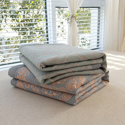 Grey and Green Cotton Three-Layer Gauze Bed Cover Set - Reversible Vintage Printed Blanket with Two Pillowcases for Year-Round Use(150*200cm)