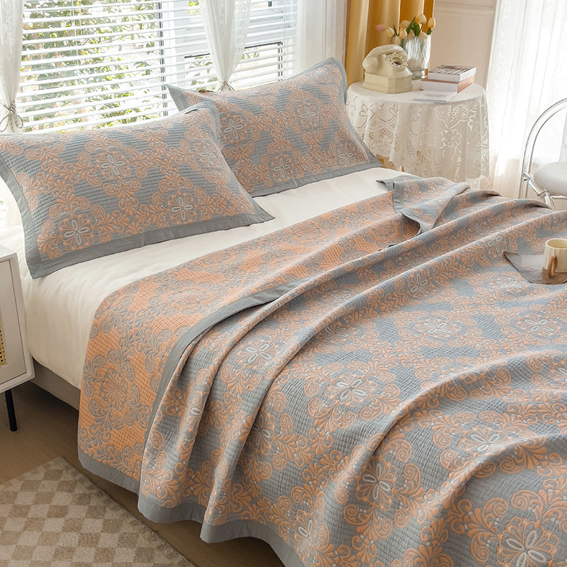 Grey and Green Cotton Three-Layer Gauze Bed Cover Set - Reversible Vintage Printed Blanket with Two Pillowcases for Year-Round Use(150*200cm)