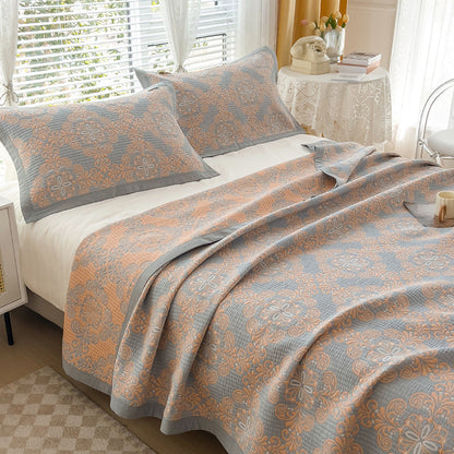 Grey and Green Cotton Three-Layer Gauze Bed Cover Set - Reversible Vintage Printed Blanket with Two Pillowcases for Year-Round Use(150*200cm)