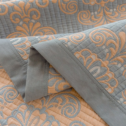 Grey and Green Cotton Three-Layer Gauze Bed Cover Set - Reversible Vintage Printed Blanket with Two Pillowcases for Year-Round Use(150*200cm)