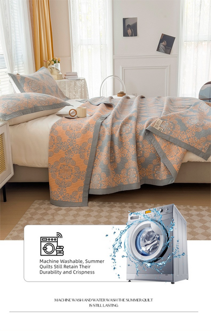 Grey and Green Cotton Three-Layer Gauze Bed Cover Set - Reversible Vintage Printed Blanket with Two Pillowcases for Year-Round Use(150*200cm)