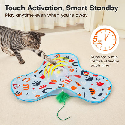 Blue Interactive Cat Toys Rechargeable,Moving Concealed Feathers,Real Mouse Squeaky,Touch Activated Cat Kitten Toy Exercise Toys for Indoor Bored Adult Cats