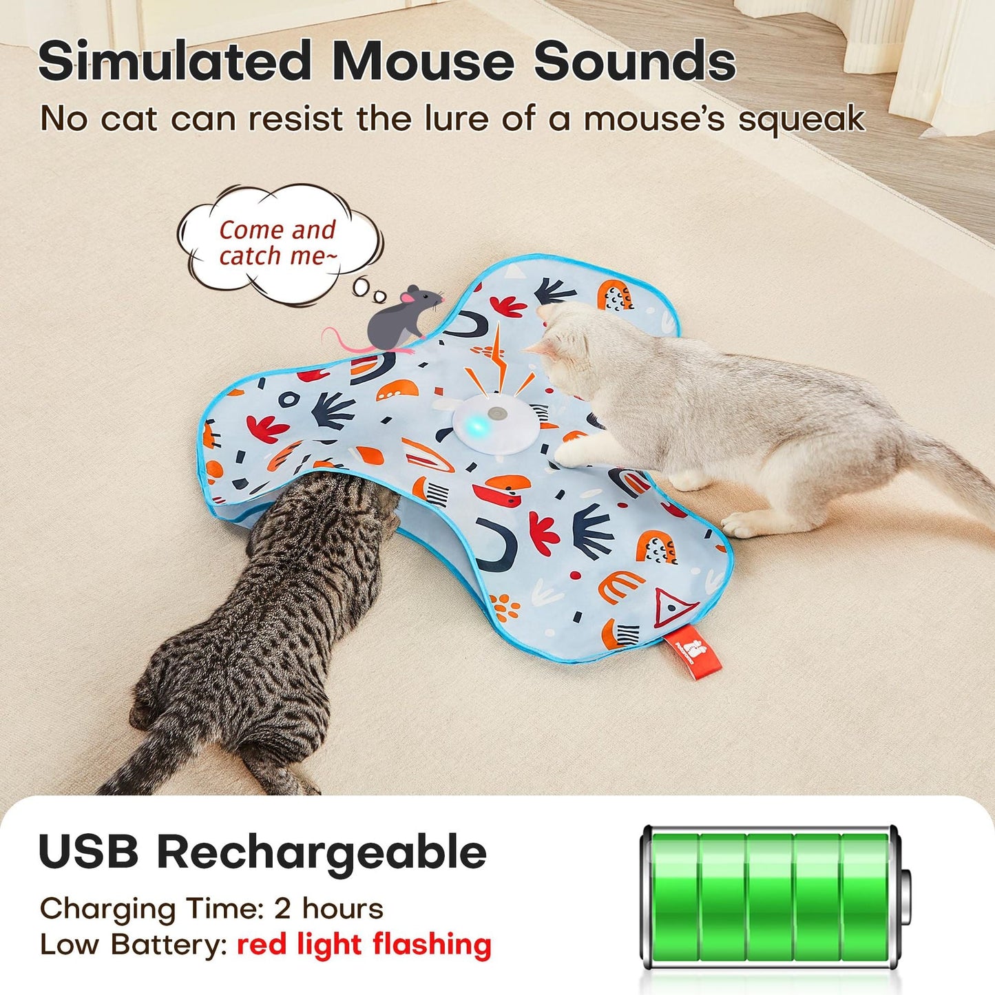 Blue Interactive Cat Toys Rechargeable,Moving Concealed Feathers,Real Mouse Squeaky,Touch Activated Cat Kitten Toy Exercise Toys for Indoor Bored Adult Cats