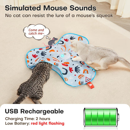 Blue Interactive Cat Toys Rechargeable,Moving Concealed Feathers,Real Mouse Squeaky,Touch Activated Cat Kitten Toy Exercise Toys for Indoor Bored Adult Cats