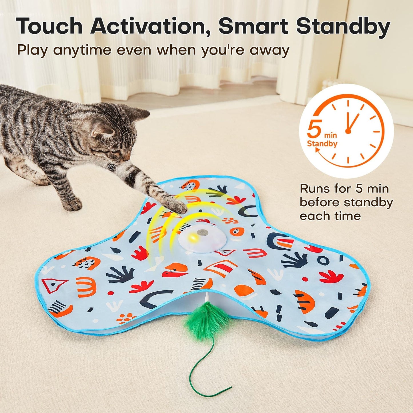 Pink Interactive Cat Toys Rechargeable,Moving Concealed Feathers,Real Mouse Squeaky,Touch Activated Cat Kitten Toy Exercise Toys for Indoor Bored Adult Cats