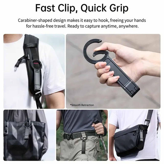 Silver Magnetic Phone Stand with Foldable Tripod & Carabiner Hook â Multi-Functional, Portable Smartphone Holder for Outdoor Use.