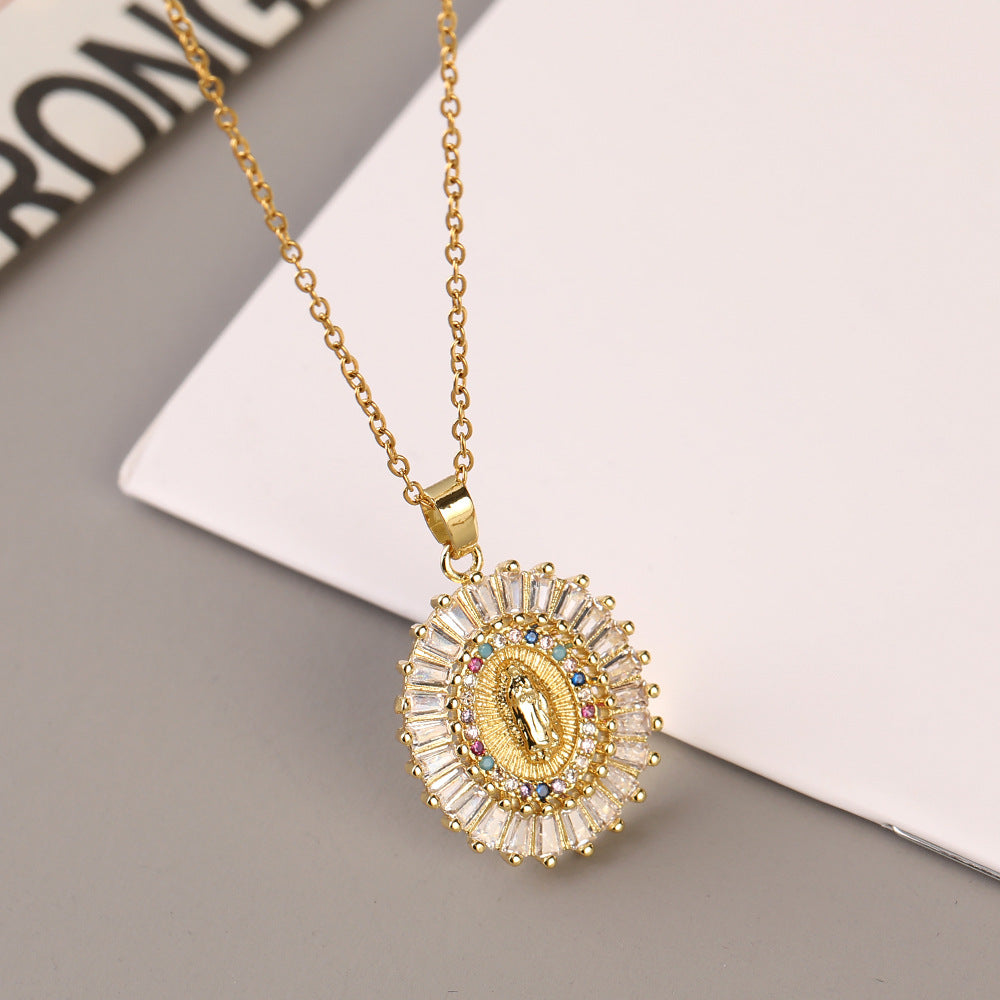 European & American Fashion Geometric Square Pendant Necklace Set – Rose Gold Plated Copper with Zirconia, 2-Piece Layered Lockbone Chain