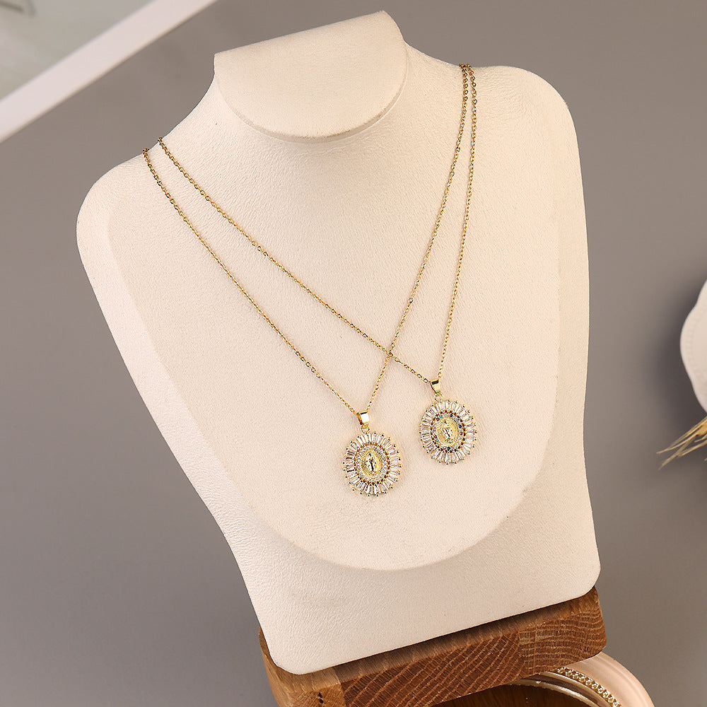 European & American Fashion Geometric Square Pendant Necklace Set – Rose Gold Plated Copper with Zirconia, 2-Piece Layered Lockbone Chain