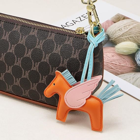Orange PU Leather Pegasus Keychain – Cute Flying Horse Pendant with Wings and Rope, 3-Pack