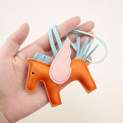 Orange PU Leather Pegasus Keychain – Cute Flying Horse Pendant with Wings and Rope, 3-Pack