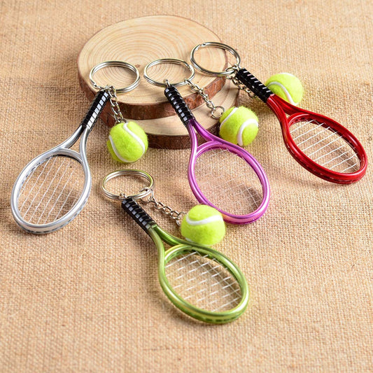 Green Simulation Tennis Racket Keychain – Mini Tennis Racket and Ball Pendant, 3-Pack