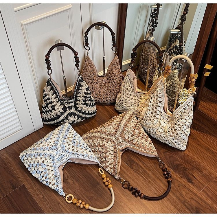 White and Beige Stylish Hand-Woven Paper Rope Bag – Boho Crochet Tote for Summer & Travel