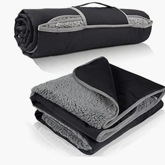 Black and Grey 3-Layer Waterproof Outdoor Blanket â Portable, All-Weather Picnic & Camping Mat with Storage Pocket.
