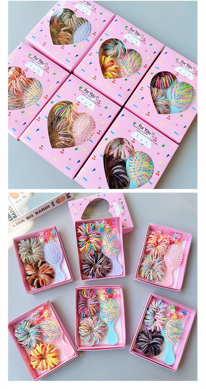 Style 1 Boxed Hair Tie Set with Pink Rubber Bands, Cute Hair Accessories & Mini Comb – Perfect Gift for Girls