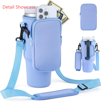 Black Crossbody Tumbler Carrier with Detachable Wallet Pouch and Adjustable Strap