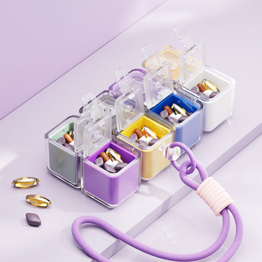 Purple 8-Grid Magic Cube Pill Box with Lanyard - Portable Weekly Sealed Tablet Organizer & Dispenser