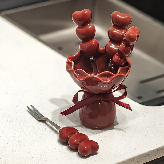 Red Cute Dessert & Fruit Forks with Ceramic Storage Jar - High-Value Creative Tableware Set