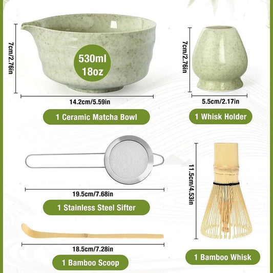 5-Piece Ceramic Matcha Tool Set - Spouted Bowl, Whisk, Holder, Sifter & Scoop for Japanese Matcha Tea Ceremony.