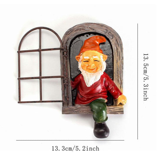 Green-clad White-bearded Old Man Climbing Window Gnome Figurine - Resin Craft Ornament, Garden Cartoon Statue Decoration.