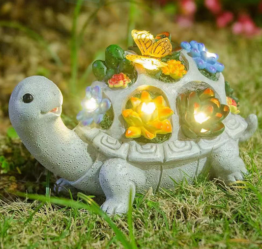 Solar Powered Succulent Turtle Figurine - Garden & Courtyard Ambient Light, Resin Craft Sculpture.