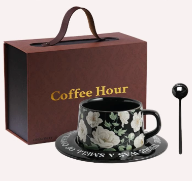 Black Camellia Elegant Ceramic Coffee Cup & Saucer Set - Couples Gift Box, Premium Wedding & Bridesmaid Favor, High-End Exquisite Design.