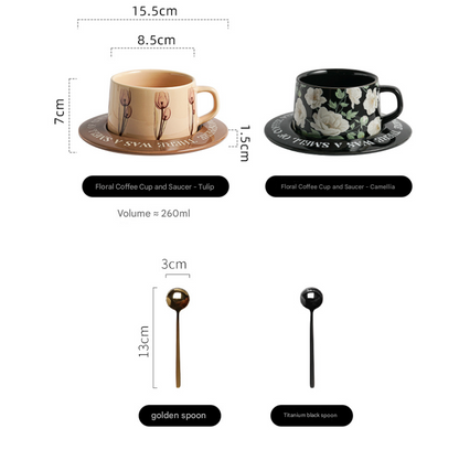 Black Camellia Elegant Ceramic Coffee Cup & Saucer Set - Couples Gift Box, Premium Wedding & Bridesmaid Favor, High-End Exquisite Design.