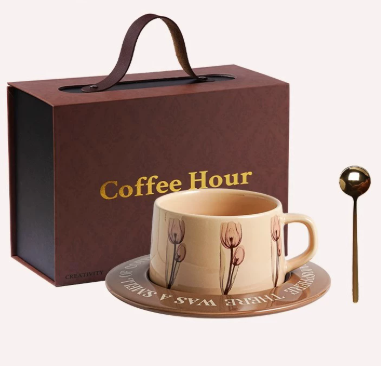 Brown Tulip Elegant Ceramic Coffee Cup & Saucer Set - Couples Gift Box, Premium Wedding & Bridesmaid Favor, High-End Exquisite Design.