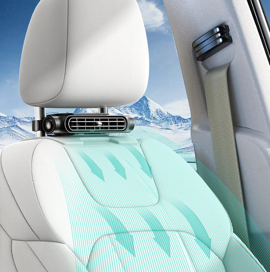 Black Car Seat Headrest Fan - USB Powered Bladeless Rear Seat Fan for Vehicle Cooling (175x75x34mm).