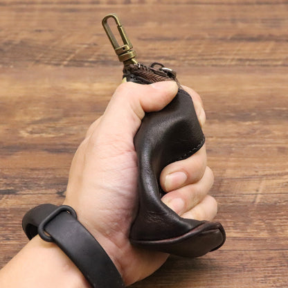 Black Vintage Top-Grain Cowhide Key Pouch - Men's Large Capacity Waist-Mounted Retro Key Holder (11x6x6 cm)