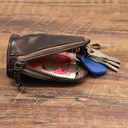 Coffee Vintage Top-Grain Cowhide Key Pouch - Men's Large Capacity Waist-Mounted Retro Key Holder (11x6x6 cm)