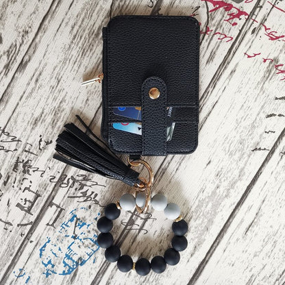 2 Pack Black Silicone Beaded Wristlet Keychain Wallet Bangle with Tassel PU Leather ID Card Holder for Women Hands Free Key Ring Organiser
