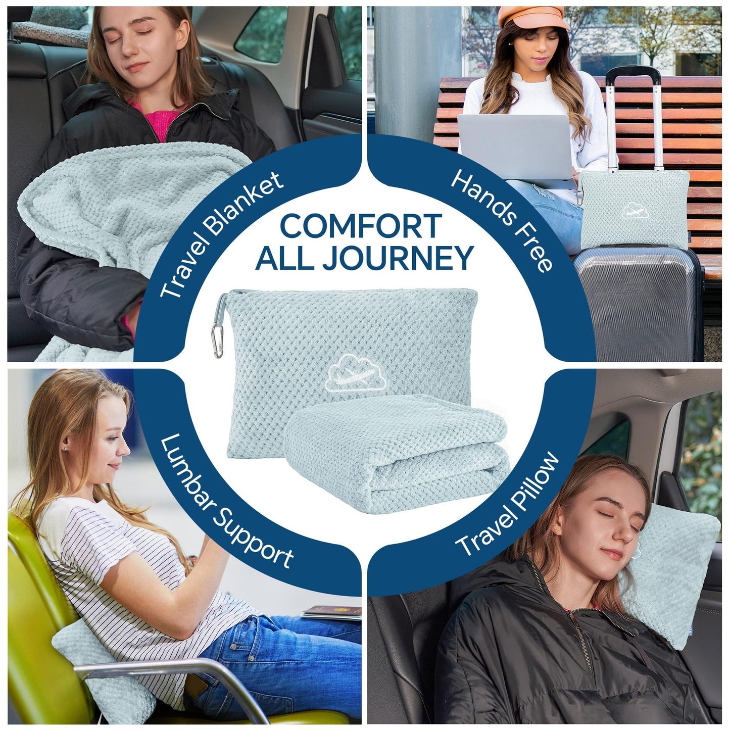 Navy Blue 2-in-1 Premium Travel Blanket and Pillow Soft Fleece Airplane Throw 165cm x 100cm Foldable Cushion with Luggage Clip Ideal for Flights and Road Trips