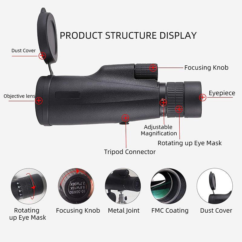 10-30X50 High Power Zoom Monocular Telescope Set with Smartphone Holder and Tripod Waterproof HD Spotting Scope for Bird Watching Camping and Concerts.
