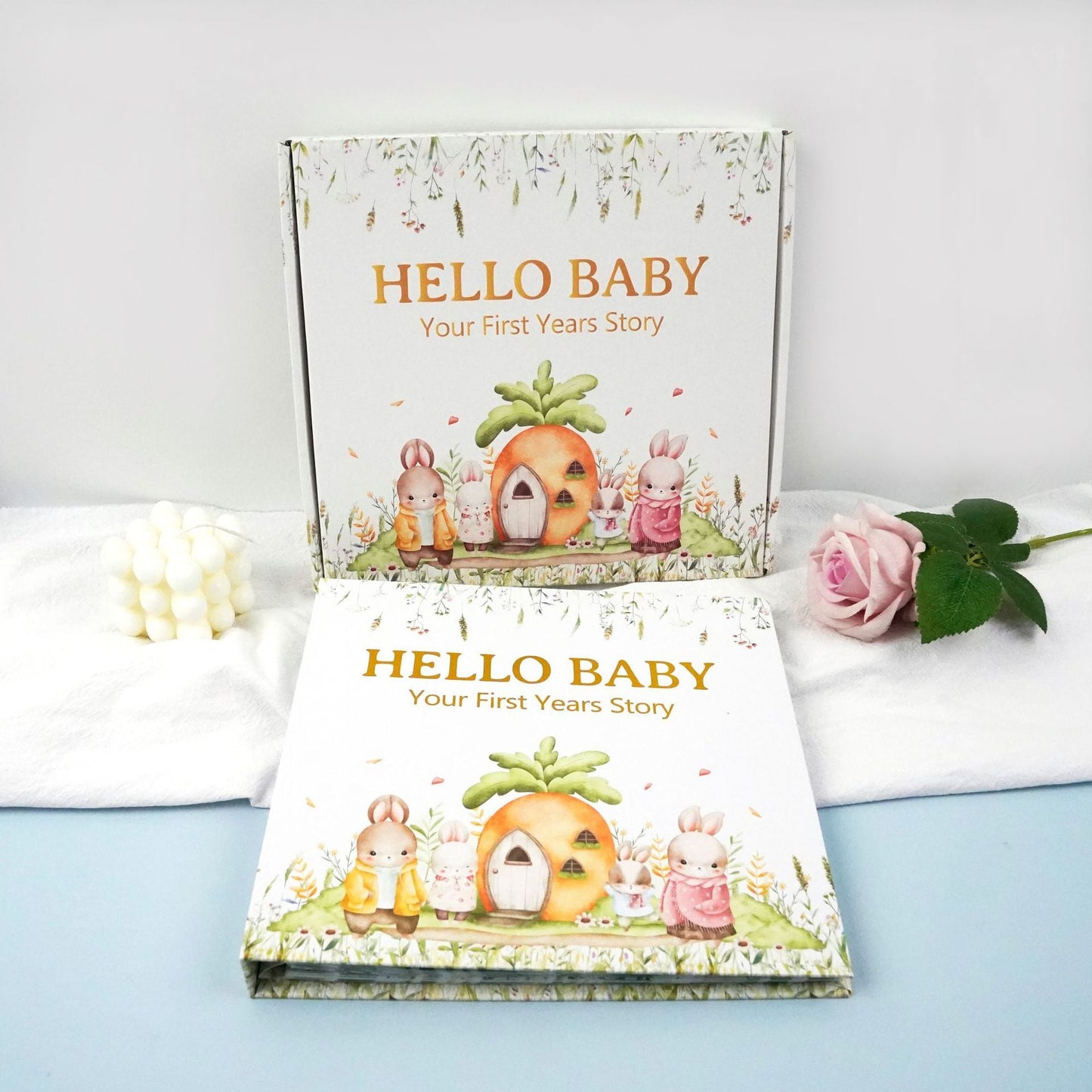 Bunny Printed Baby Memory Book with Gift Box Hardcover Milestone Journal Your First Years Story Cute Bunny Theme for Boys Girls Pregnancy to Toddler Keepsake.