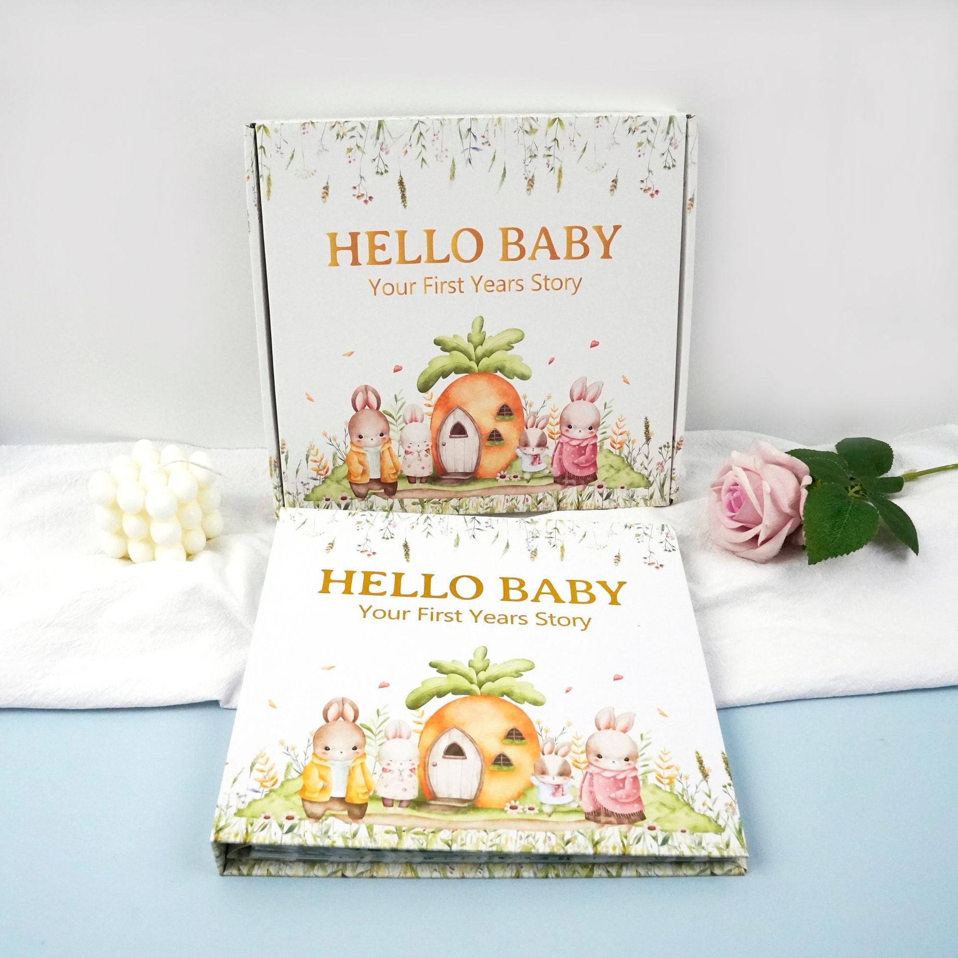 Bunny Printed Baby Memory Book with Gift Box Hardcover Milestone Journal Your First Years Story Cute Bunny Theme for Boys Girls Pregnancy to Toddler Keepsake.