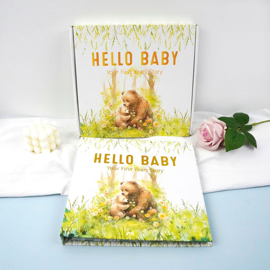 Little Bear Cub Printed Baby Memory Book with Gift Box Hardcover Milestone Journal Your First Years Story Cute Bunny Theme for Boys Girls Pregnancy to Toddler Keepsake.