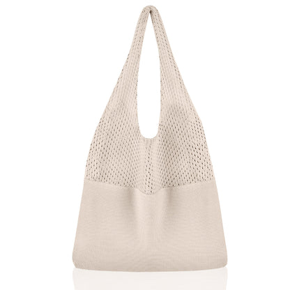 Beige Women's Large Mesh Beach Tote Bag Boho Crochet Shoulder Shopper Reusable Eco Grocery Net Bag for Summer Travel and Markets