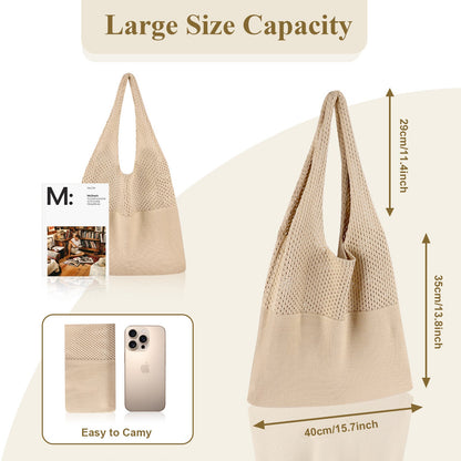 Beige Women's Large Mesh Beach Tote Bag Boho Crochet Shoulder Shopper Reusable Eco Grocery Net Bag for Summer Travel and Markets