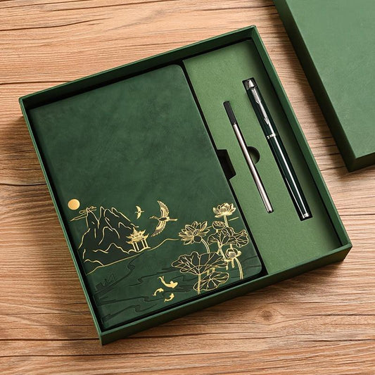 Green A5 Premium Notebook Gift Set with Pen - Red PU Leather Journal with Gold Oriental Art - 200 Pages Business Diary & Corporate Gift Box (Lotus & Crane Design).